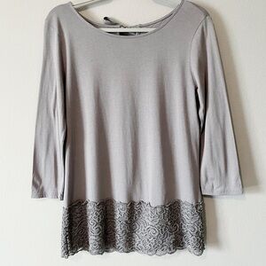 Garnet Hill 3/4 Sleeve Grey Tunic Top Lace Trim Tie Back Size Small